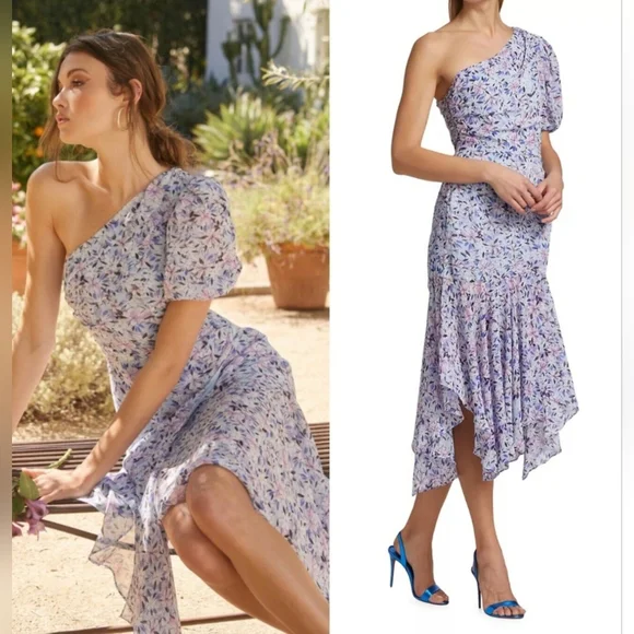 Astr Sheer Floral One Shoulder Ruffle Wrap Zip Midi Dress - Picture 2 of 10